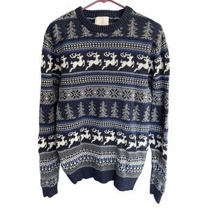 Aspen Womens Small Pullover Sweater Knit Blue Black Nordic Fair Isle Cotton Crew